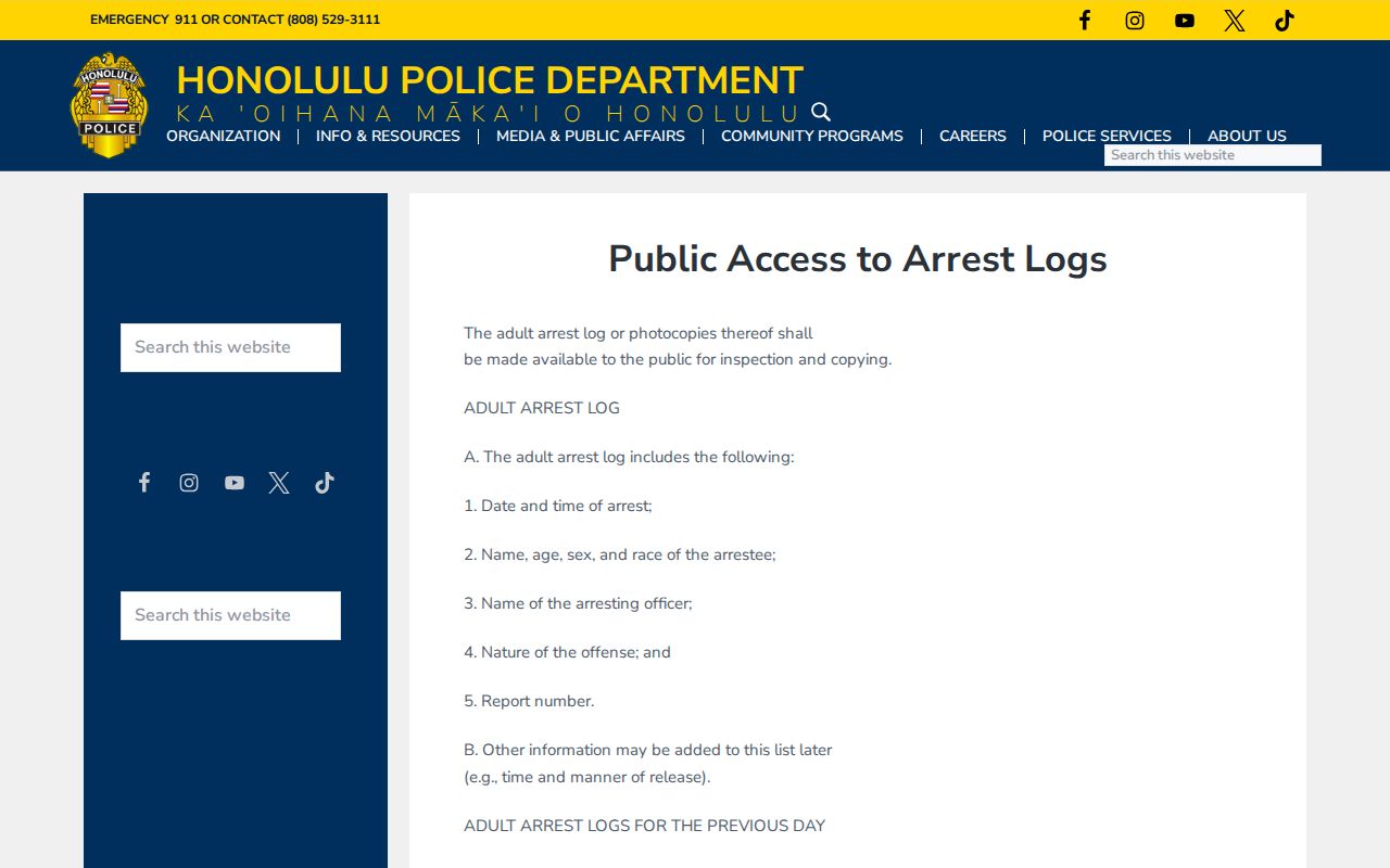 Honolulu County arrest log retention policy