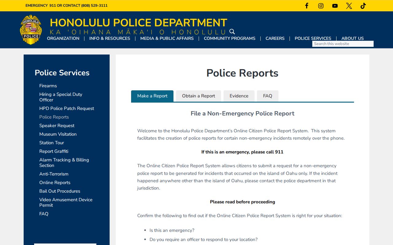 Honolulu Police Department official police report request page