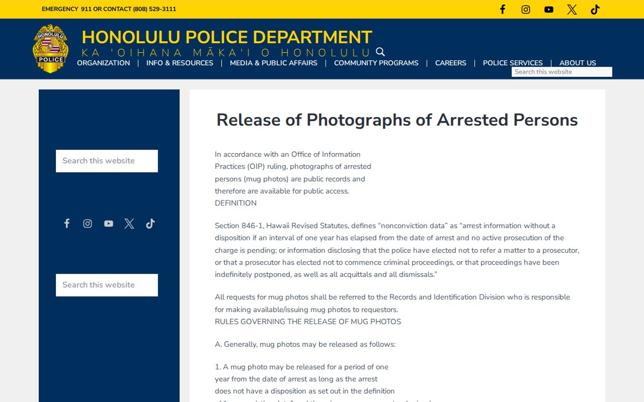 Honolulu County arrested person photograph release policy