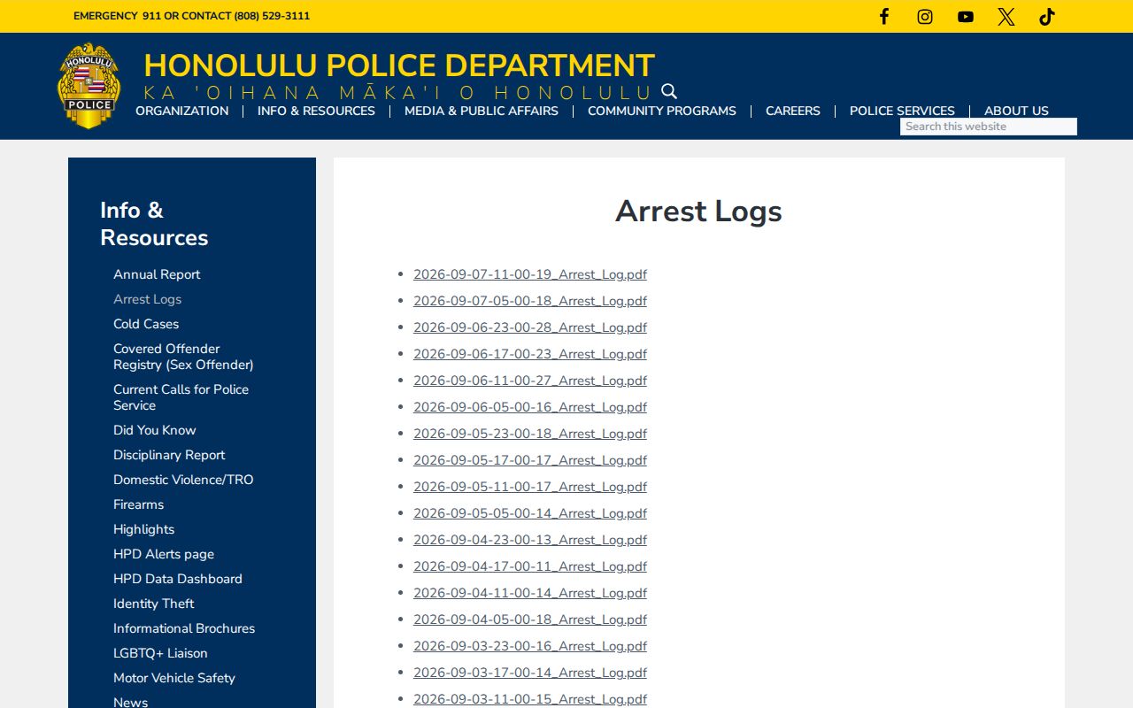 Honolulu County recent arrest log landing page