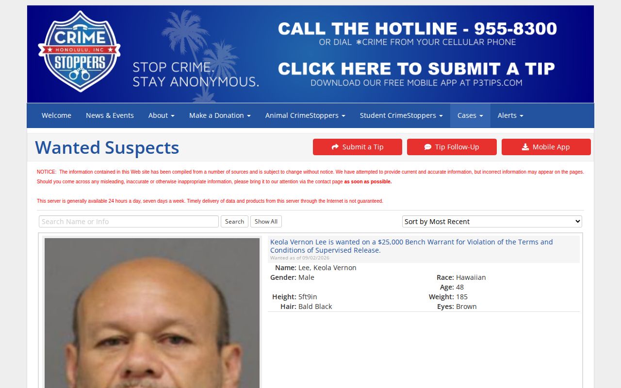 Honolulu County wanted arrest notices source