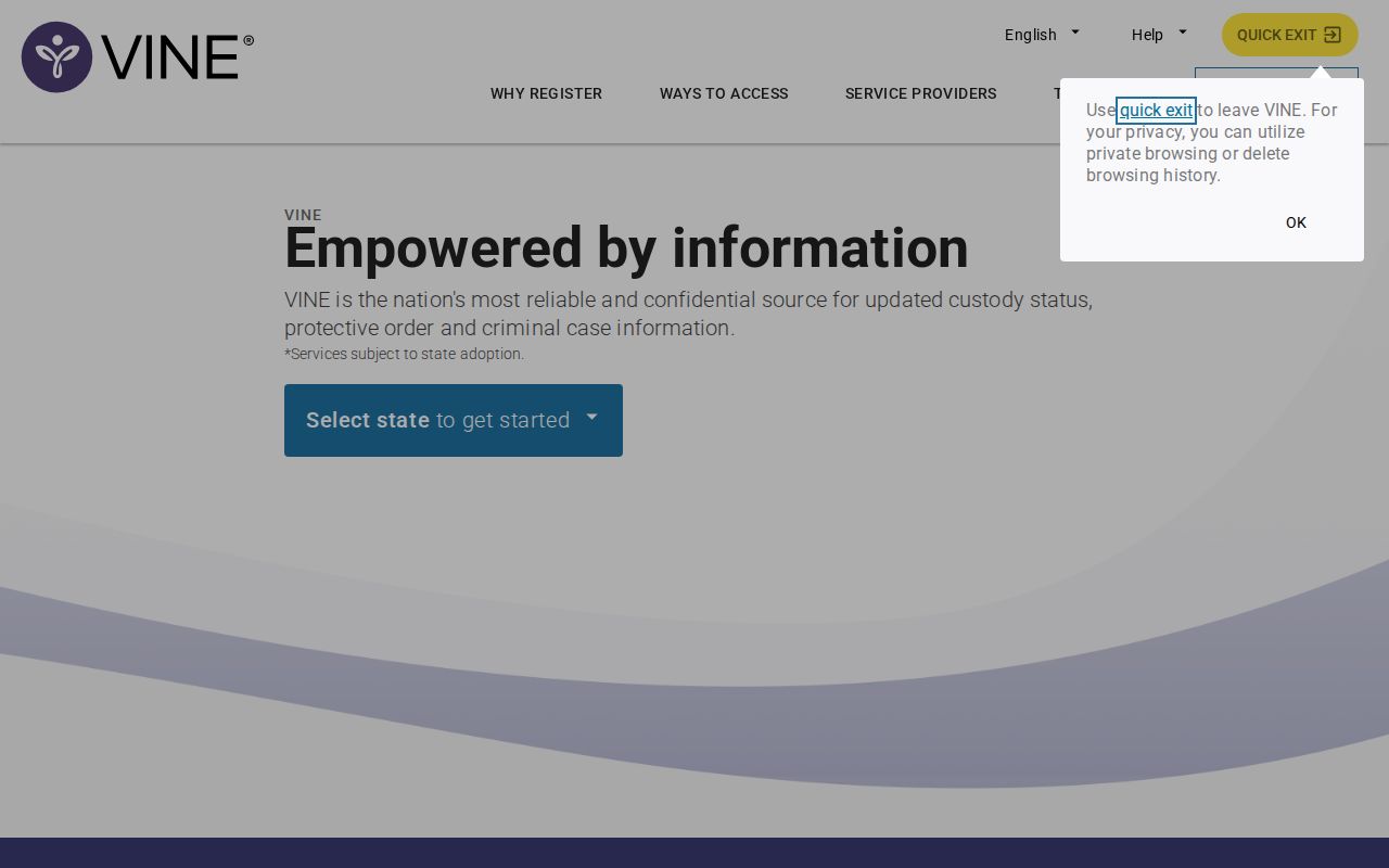 VINELink entry page used to select Hawaiʻi and manage custody notifications