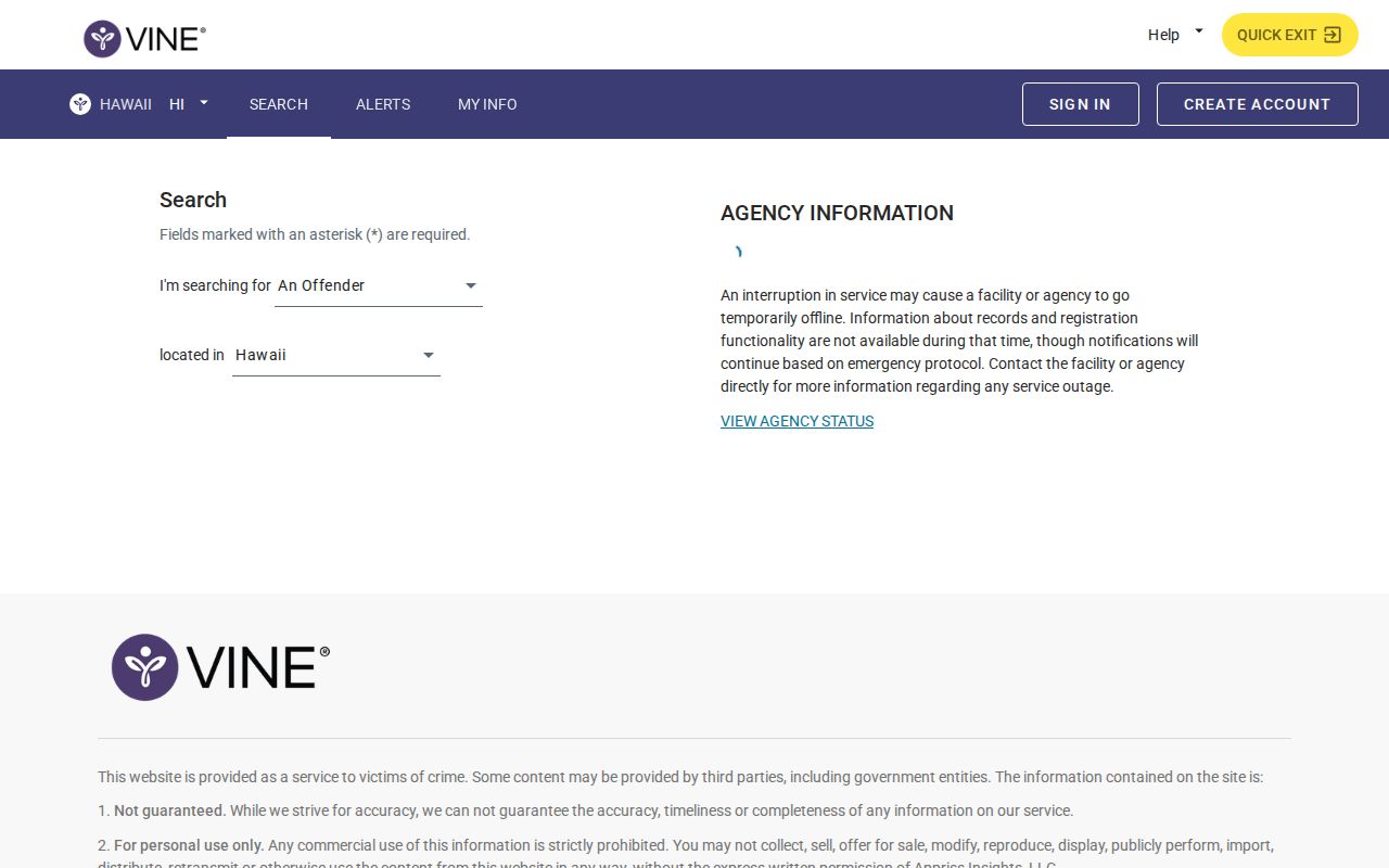 VINELink Hawaiʻi person search screen for a custody status check